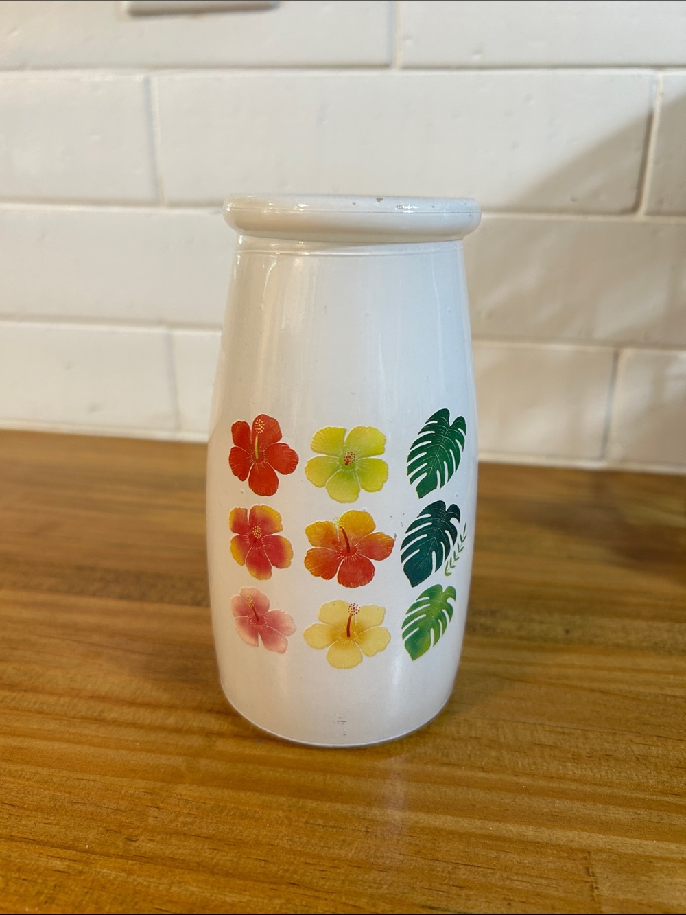White Floral Ceramic Vase with Tropical Hibiscus Design